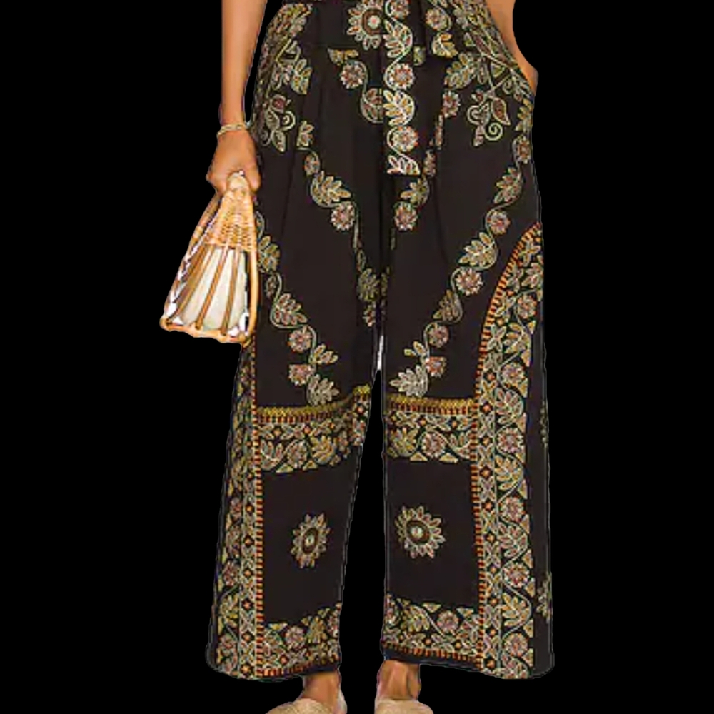 Free People Chic Black Patterned Wide-Leg Pants-Size Medium-NWT